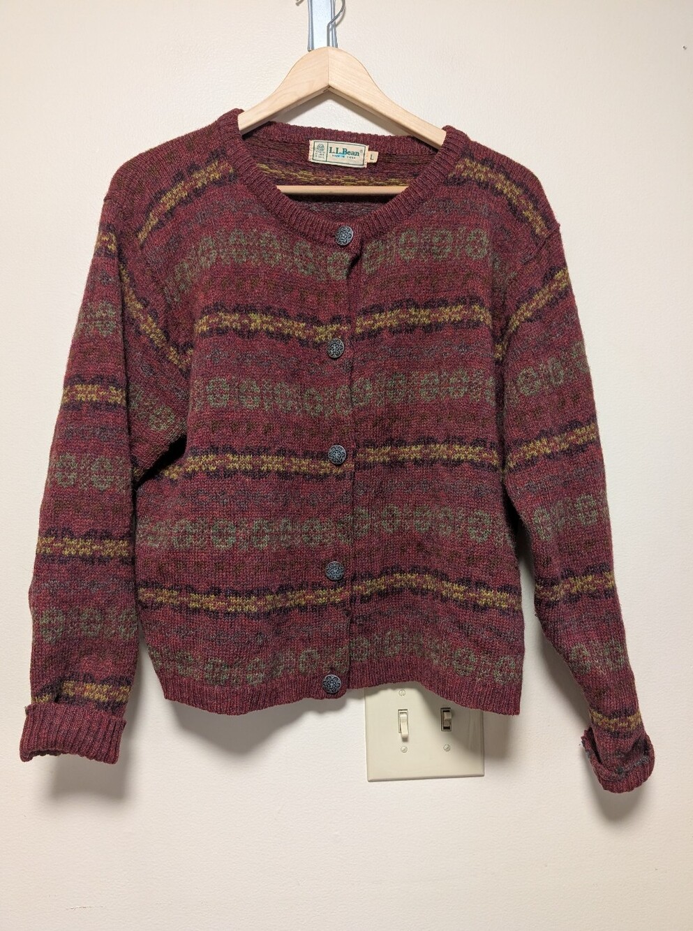 L.L. Bean Women's Maroon Patterned Button-Up Cardigan
